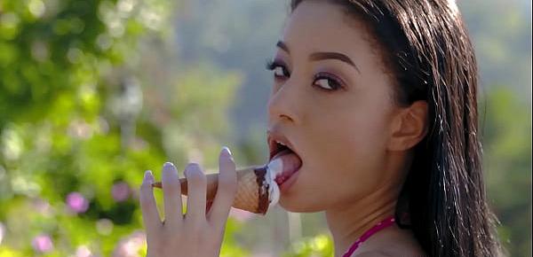  Sweet horny babe Scarlett Bloom swallowed sweet big penis after she licked ice cream